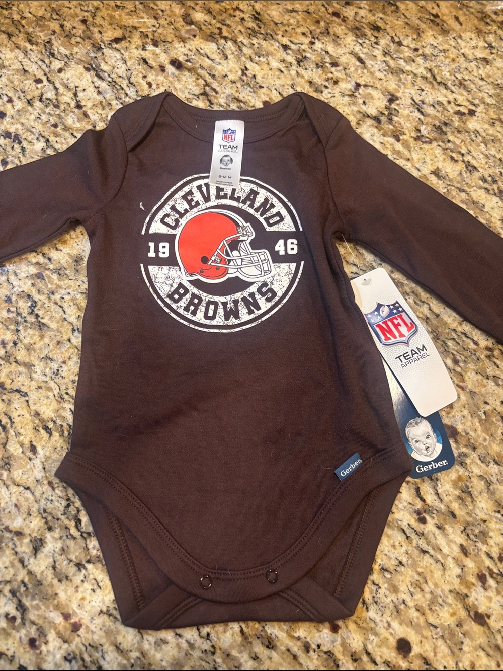 Gerber Brown Cleveland Browns Long-Sleeve Baby One-Piece with Orange Helmet Logo
